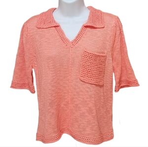 Democracy Elbow Puff Sleeve Johnny Collar Crochet Pocket Sweater Nectarine S